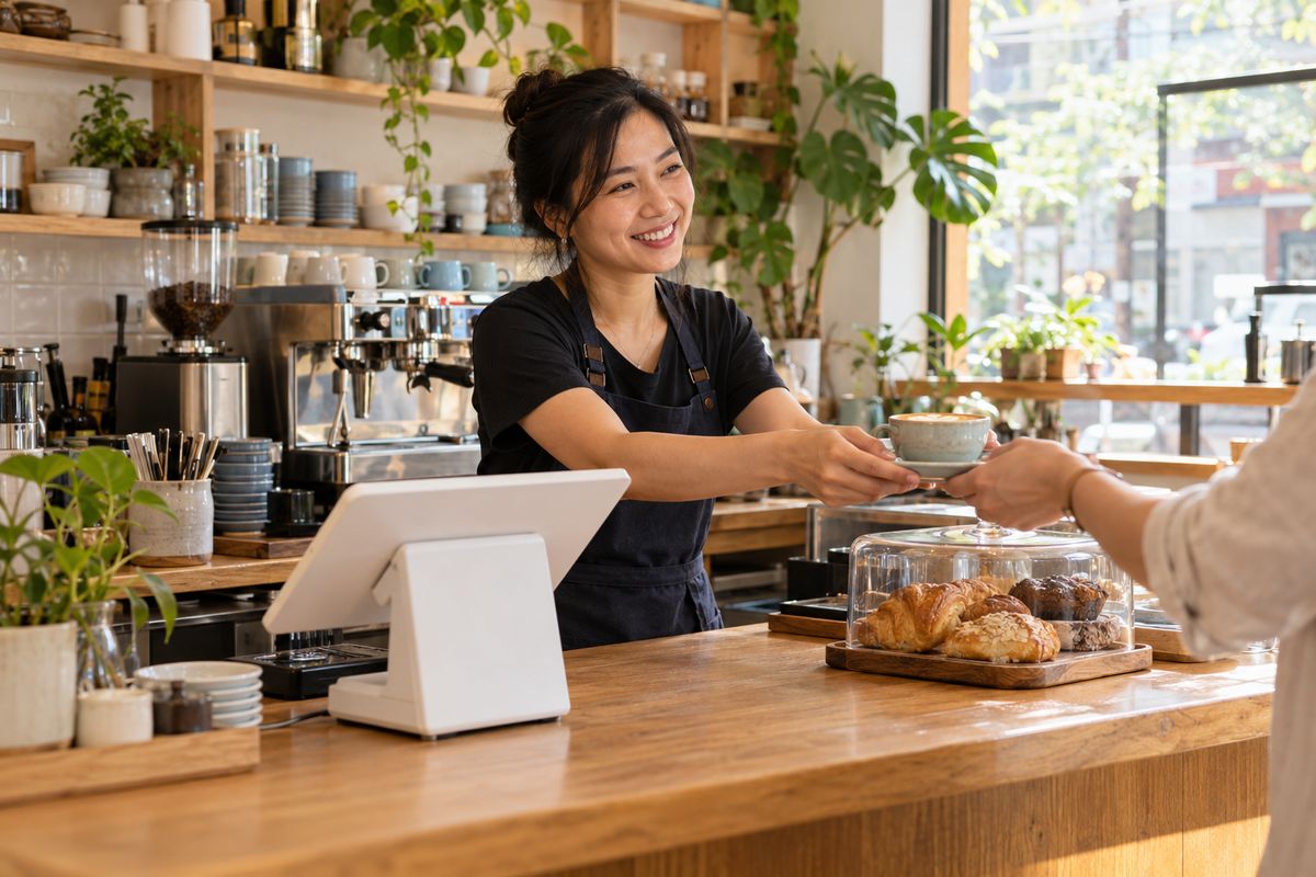 Hình minh họa chủ quán cà phê phục vụ khách tại quầy